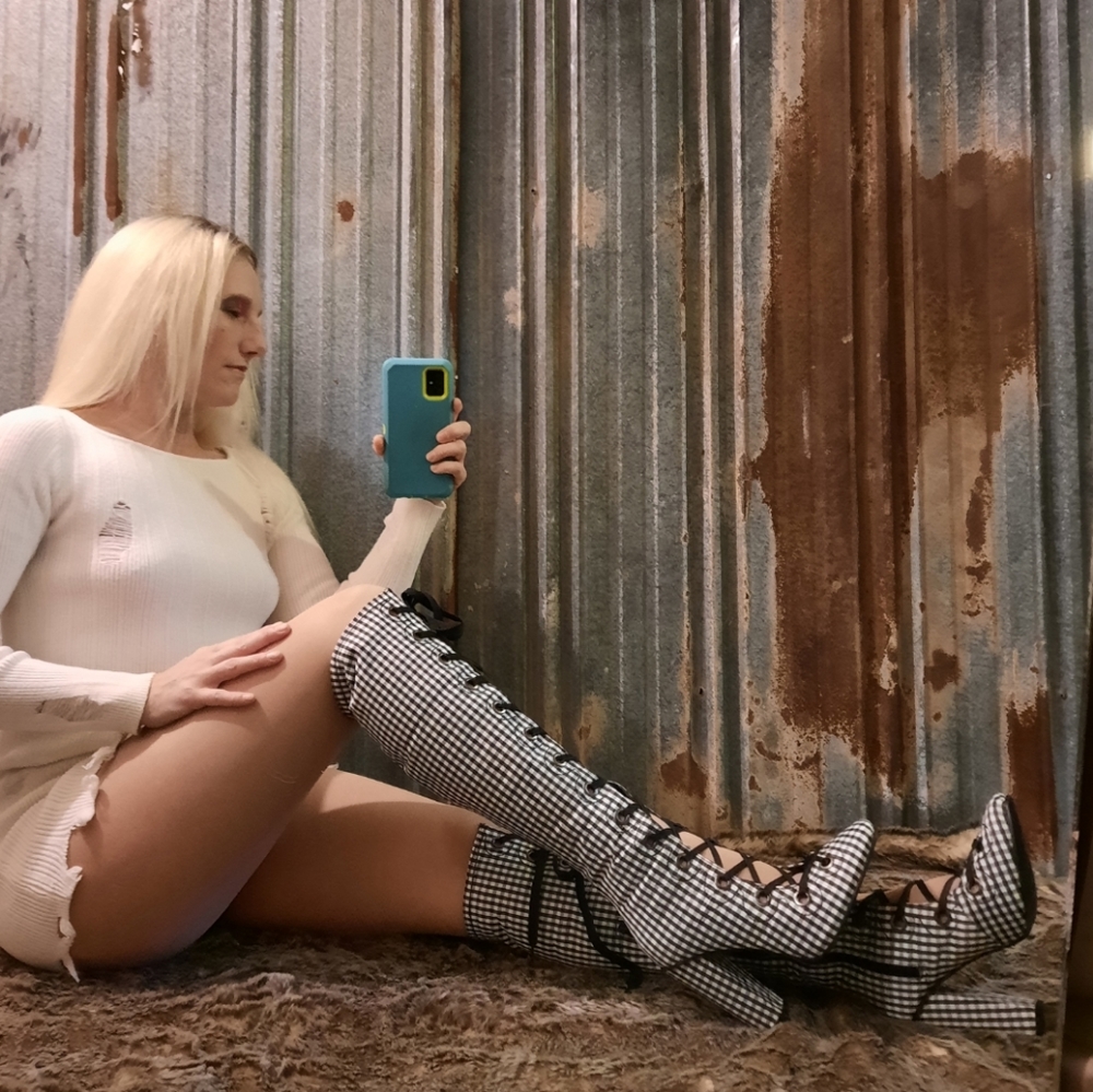 Plaid Lace Up Over the Knee Boots - Picture 3 of 10